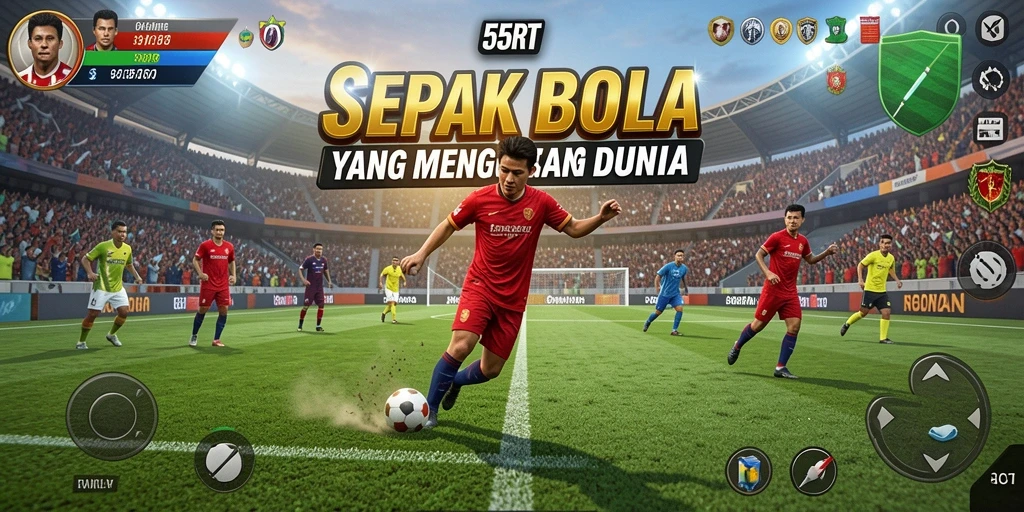 Tampilan gameplay 55RT dengan aksi sepak bola yang mendebarkan.