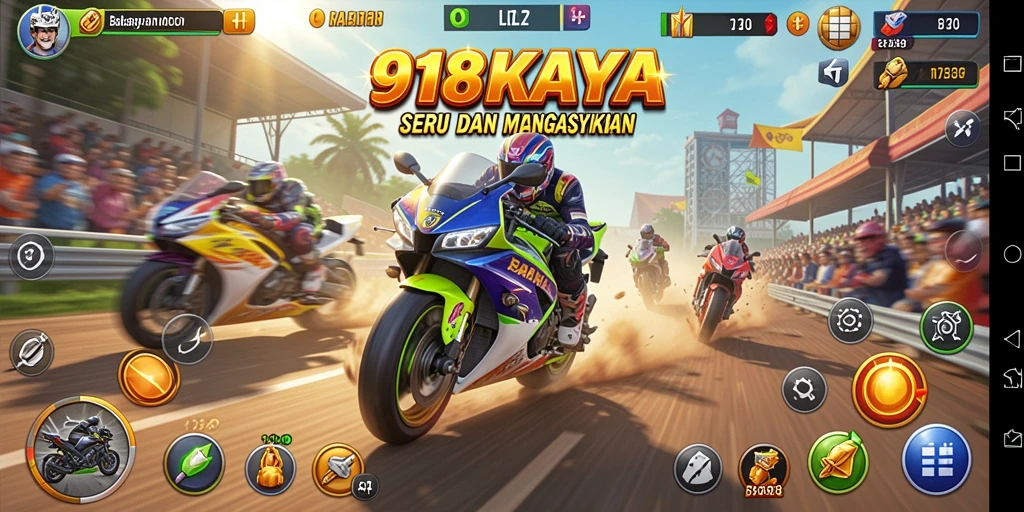 Tangkapan layar gameplay 918KAYA menampilkan balapan motor seru di lintasan yang menantang.