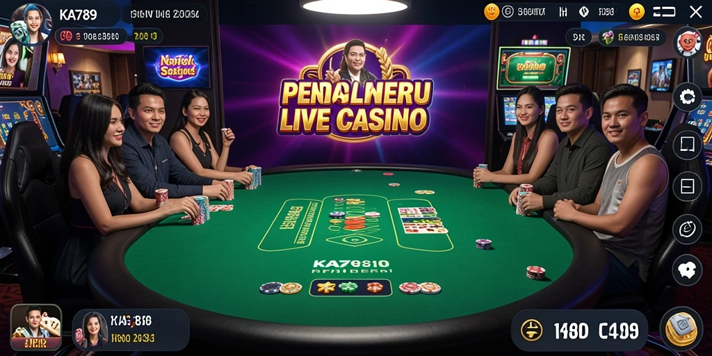 Screenshot utama KA789 menampilkan dealer langsung yang berinteraksi dengan pemain dalam permainan Live Casino.