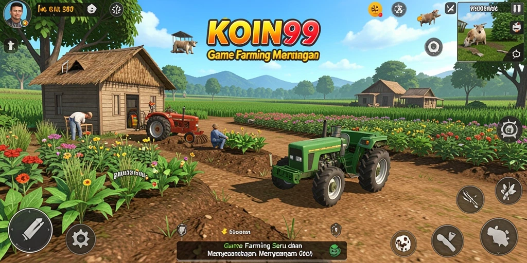 Screenshot gameplay KOIN99 menampilkan ladang yang subur dan aktivitas bertani.