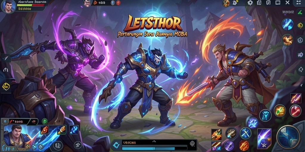 Tangkapan layar utama LETSTHOR yang menunjukkan aksi pertempuran MOBA yang memukau.