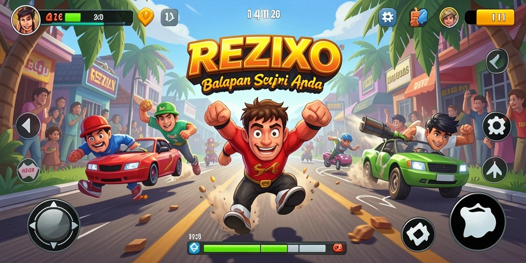 Screenshot utama REZIXO menampilkan momen balapan yang mendebarkan.